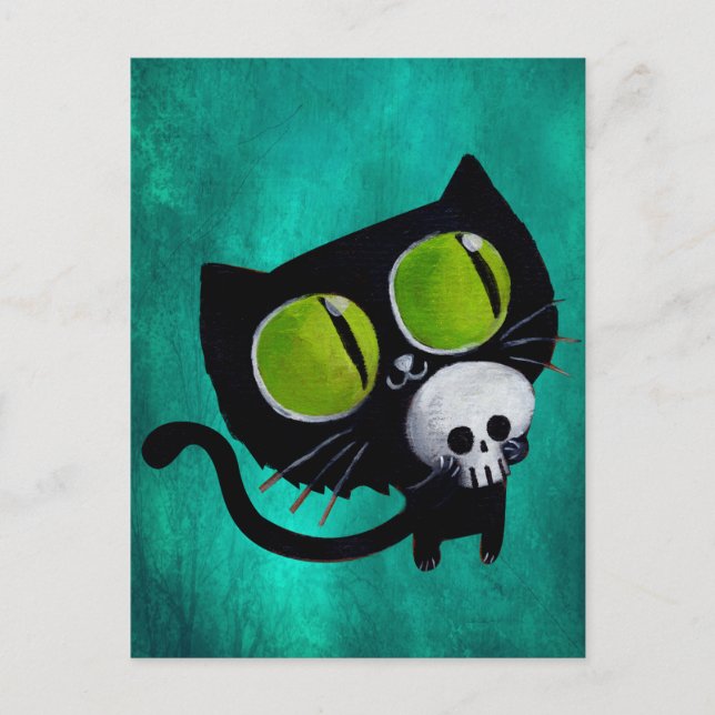 Carte Postale Chat d'Halloween noir avec crâne (Devant)