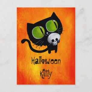 Carte Postale Chat d'Halloween noir avec crâne