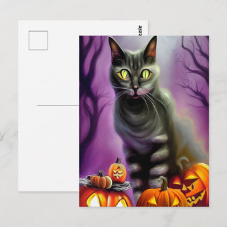 Carte Postale Chat d'Halloween noir et citrouilles sculptées