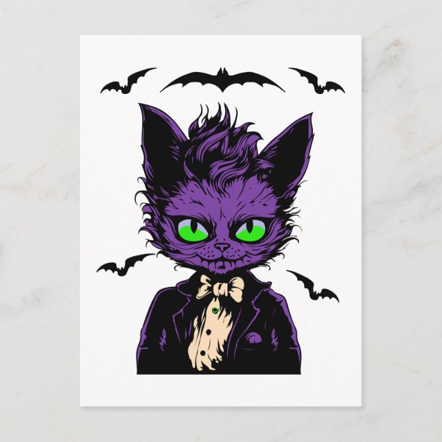 Carte Postale Chat d'Halloween violet avec chauves-souris (Devant)