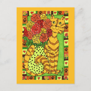 Carte Postale Chat d'or avec Rose
