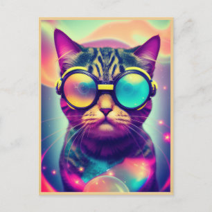 Carte Postale Chat Drôle Cool Psychédélique lunettes