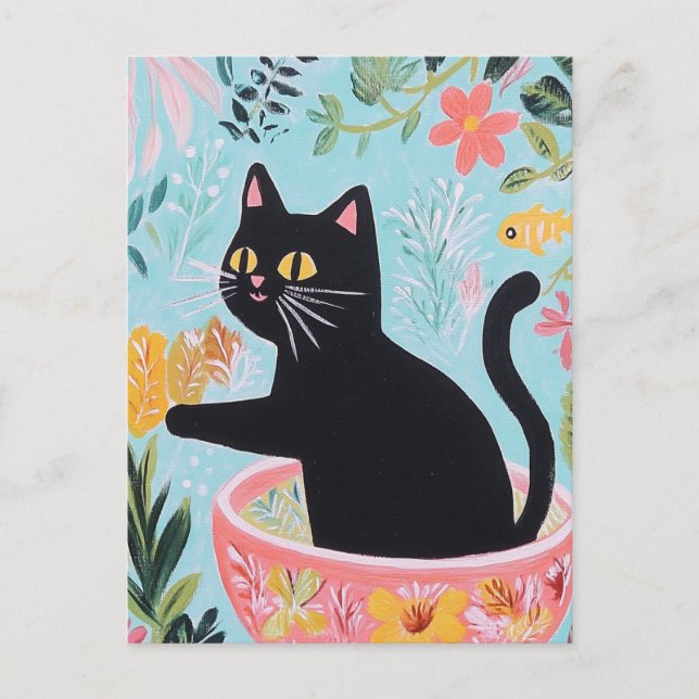 Carte Postale Chat drôle dans un beau bol (Devant)