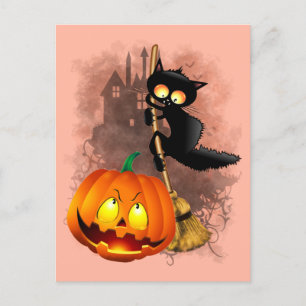 Carte Postale Chat effrayé par Citrouille Fun Halloween caractèr