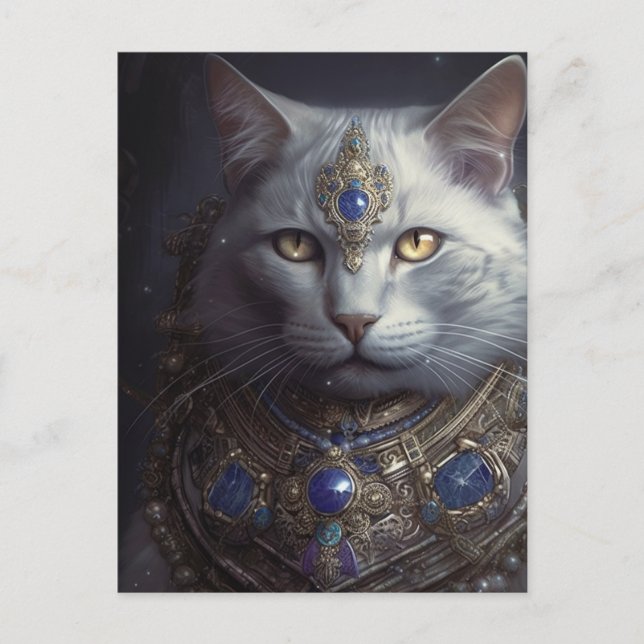 Carte Postale Chat en bleu et or Armure (Devant)