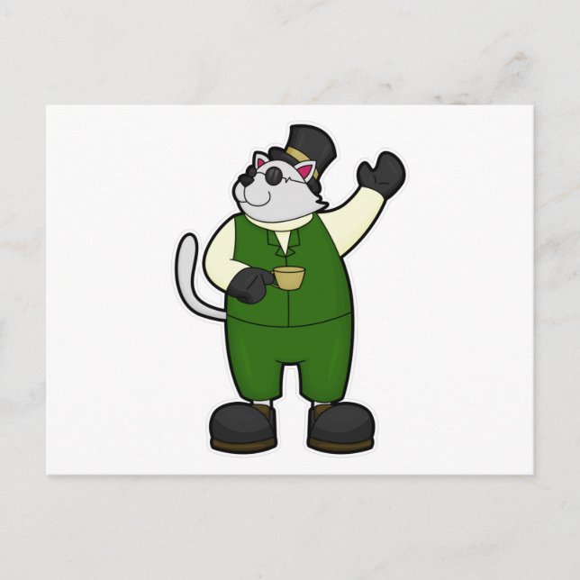 Carte Postale Chat en chambre avec café et Casquette (Devant)