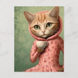 Carte Postale Chat en rose avec un café