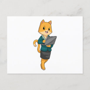 Carte Postale Chat en tant que secrétaire avec ordinateur portab