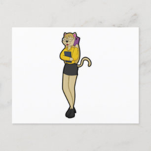 Carte Postale Chat en tant que secrétaire avec portable et télép