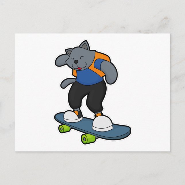 Carte Postale Chat en tant que skater avec planche à roulettes (Devant)
