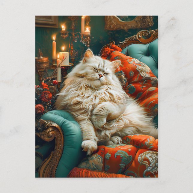 Carte Postale Chat endormi sur une chaise confortable à la lumiè (Devant)