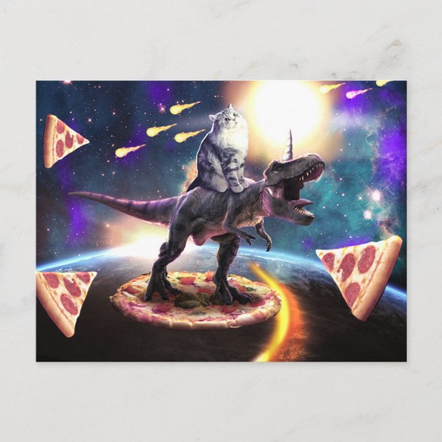 Carte Postale Chat équitation dinosaure licorne dans l'espace (Devant)