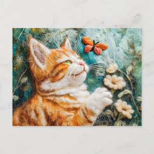 Carte Postale Chat essayant d'attraper un papillon dans une prai
