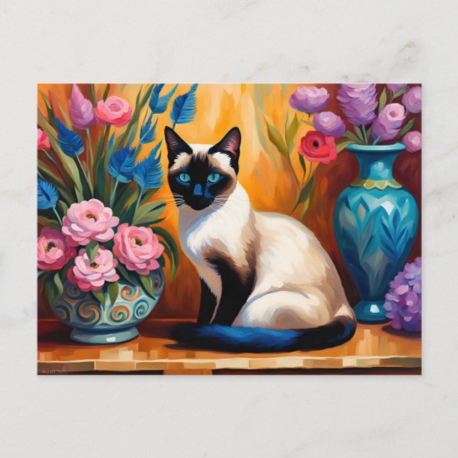 Carte Postale Chat et bouquets siamois dans Vases aquarelle (Devant)