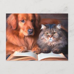 Carte Postale Chat et chien lisant un livre