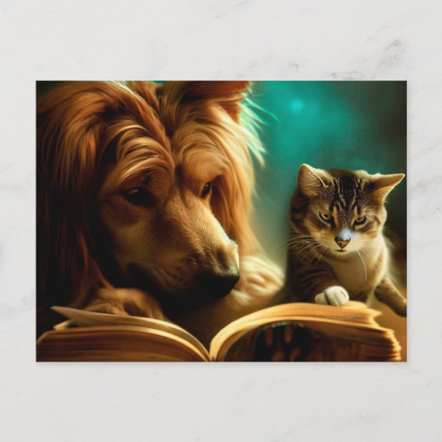 Carte Postale Chat et chien lisant un livre (Devant)