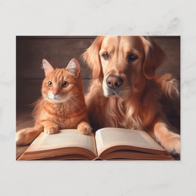Carte Postale Chat et chien lisant un livre (Devant)