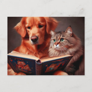 Carte Postale Chat et chien lisant un livre