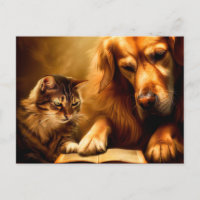 Chat et chien lisant un livre