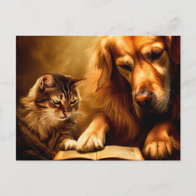 Carte Postale Chat et chien lisant un livre (Devant)
