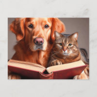 Chat et chien lisant un livre