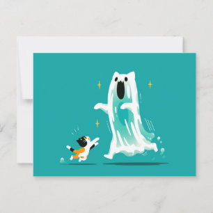 Carte Postale Chat et Fantôme amical - Joli Halloween