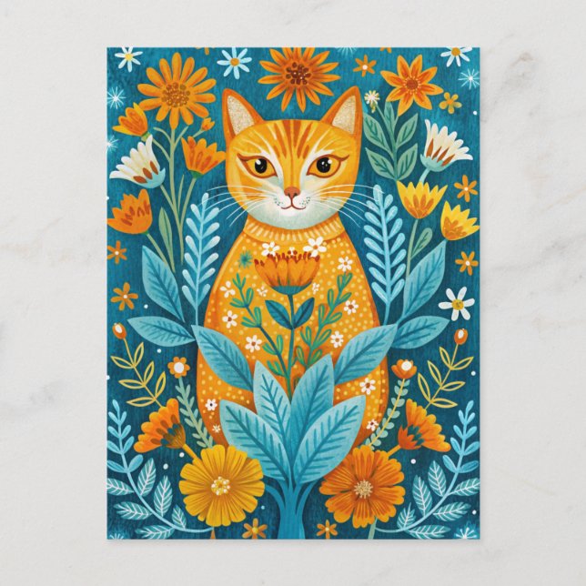 Carte Postale Chat et fleurs style d'art populaire orange et ble (Devant)