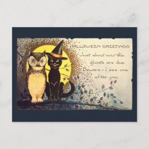 Carte Postale Chat et hibou bleu foncé Halloween vintage amical