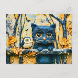 Carte Postale Chat et Hibou dans la Forêt la Nuit en Feutre