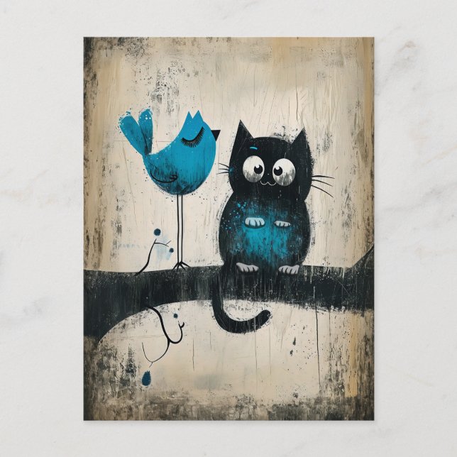 Carte Postale Chat et oiseau géant sur une branche (Devant)