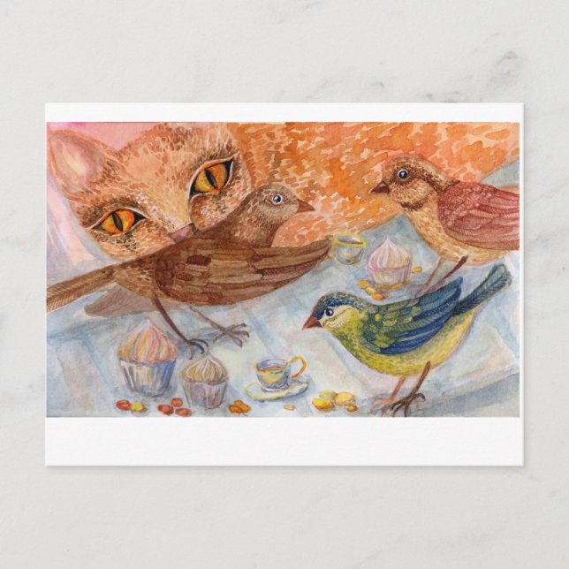 Carte Postale Chat et oiseaux (Devant)