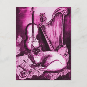 Carte Postale CHAT ET OWL MUSICAUX, Violet rose et blanc