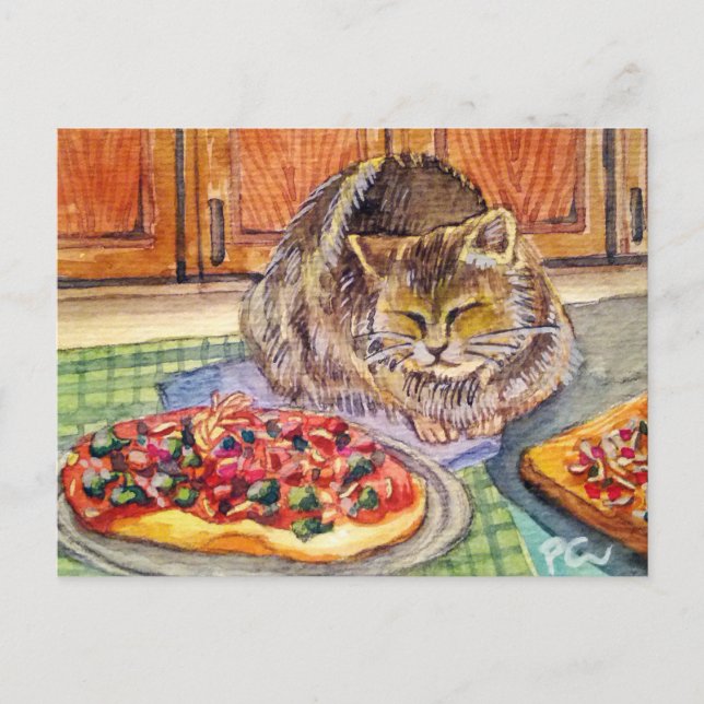 Carte Postale Chat et pizza (Devant)