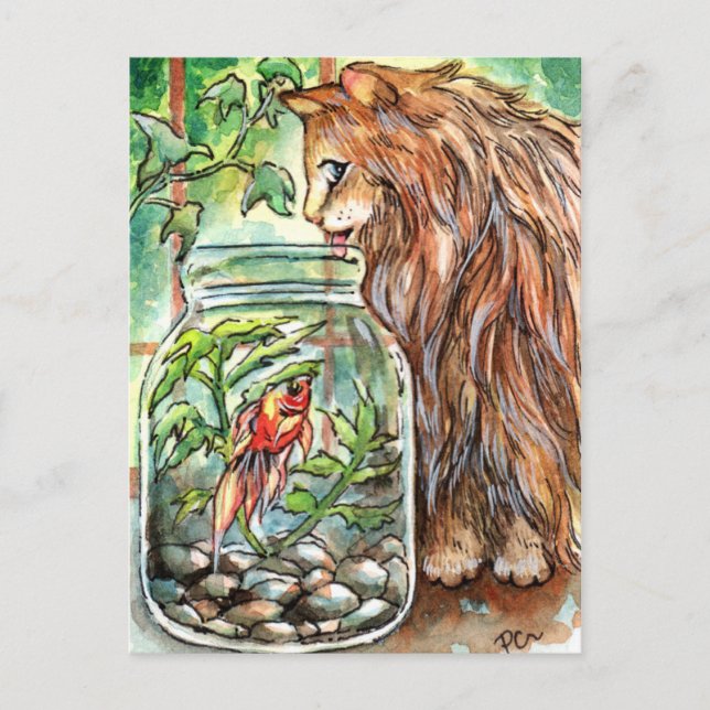 Carte Postale Chat et poisson d'or (Devant)