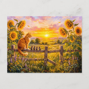 Carte Postale Chat et Souris Coucher de Soleil sur une Clôture