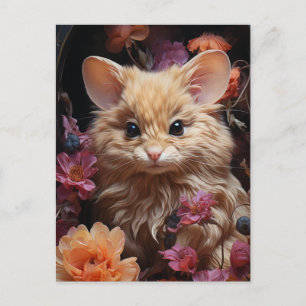 Carte Postale Chat Fantastique Souris dans les Fleurs