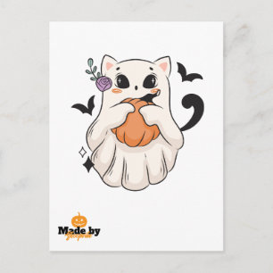 Carte Postale Chat Fantôme mignon avec Citrouille Éffrayant Ha