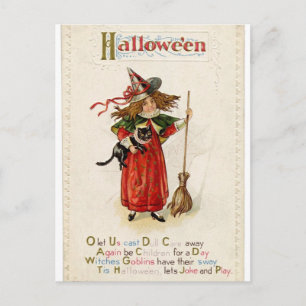 Carte postale Chat Fille Sorcière Halloween Rhyme