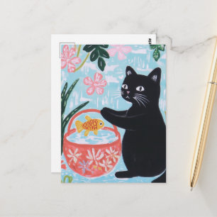 Carte Postale Chat floral noir avec poisson d'or dans le panier