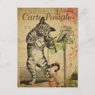 Carte Postale Chat français vintage jouant au violon