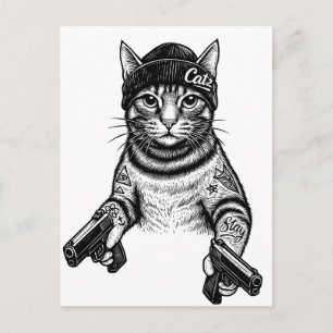 Carte Postale Chat gangster tatoué Art Kitty Streetwear Cool