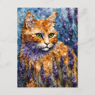 Carte Postale chat gingembre dans un champ de lavande
