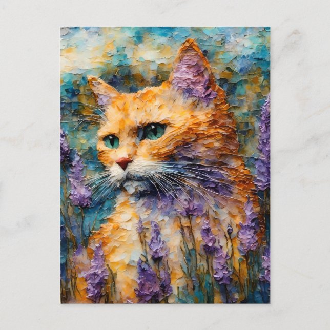 Carte Postale chat gingembre dans un champ de lavande encausé (Devant)