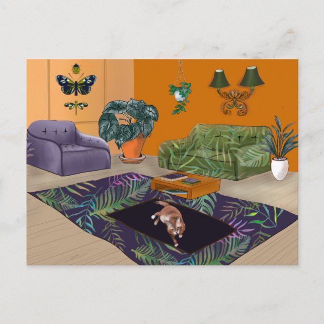 Carte Postale Chat gras endormi sur la pièce jaune mat (Devant)