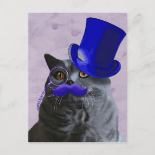 Carte Postale Chat gris avec chapeau bleu et moustache