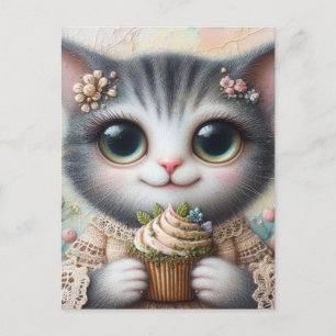 Carte Postale Chat gris avec cupcake