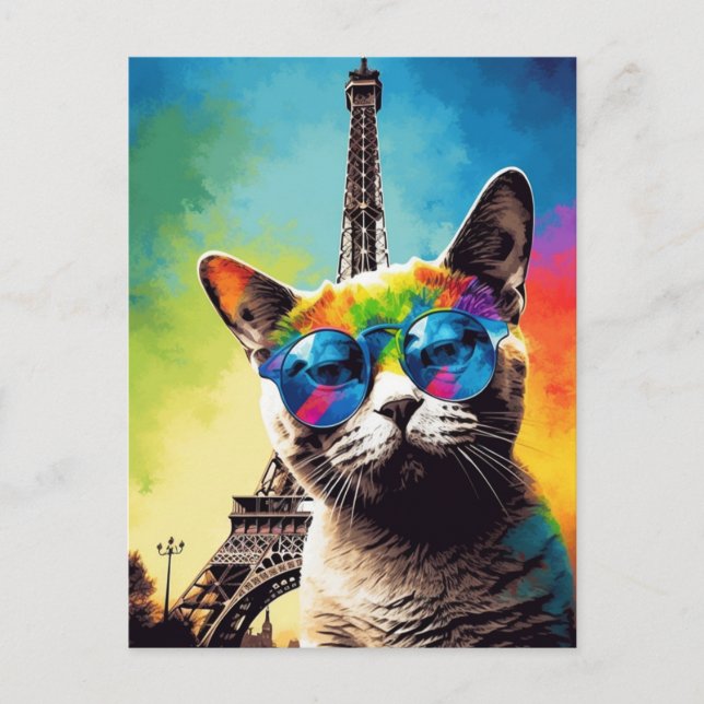 Carte Postale Chat gris en Lunettes de soleil à Paris (Devant)