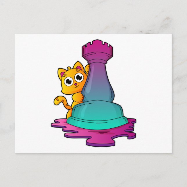 Carte Postale Chat jouant aux échecs avec la pièce Tour (Devant)