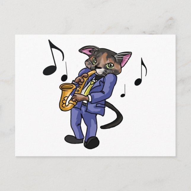 Carte Postale Chat jouant le saxo (Devant)