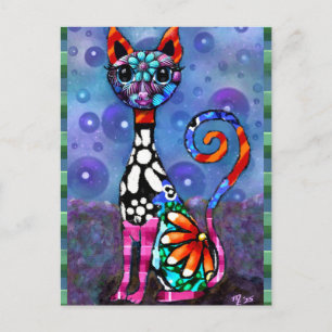 Carte Postale Chat Kitty Abstrait Funky aux Grands Yeux Fantaisi